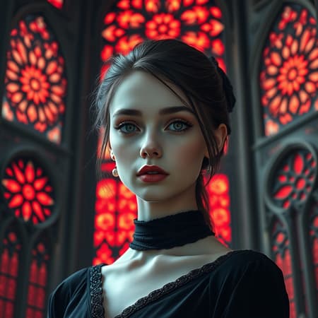 Gothic girl in elegant black attire, beautifully symmetrical face, macro head shot, set against the backdrop of a towering gothic cathedral. The cathedral's stained glass windows reflect a vibrant glow of red flame light, casting intricate shadows that mirror delicate mandala patterns. Captured in ultra-high-definition 8k with HDR detail, the scene is strikingly clear and flawless. Model: Dark Sushi 2.5D, showcasing an intense gaze, slender neck, and perfectly composed features. The image is perfectly centered, sharply focused, and free from any distortions or artifacts, emphasizing the seamless blend of gothic charm and modern precision.
