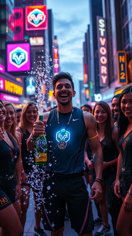 In a vibrant cyberpunk cityscape at twilight, a triumphant athlete adorned with a glowing holographic medal stands amidst a circle of jubilant friends and teammates. Neon lights reflect off their futuristic apparel as he exuberantly shakes a bottle of sparkling synth-champagne. Bubbles burst forth, creating a shower of luminescent foam that catches the light and adds to the electric atmosphere. Holographic banners in the background display their team logo and the word "VICTORY" in bold, futuristic script. Everyone's expressions are a mix of euphoria and camaraderie, their eyes reflecting the bright city glow. The camera captures the scene from an elevated angle, showcasing the dynamic energy and futuristic celebration.