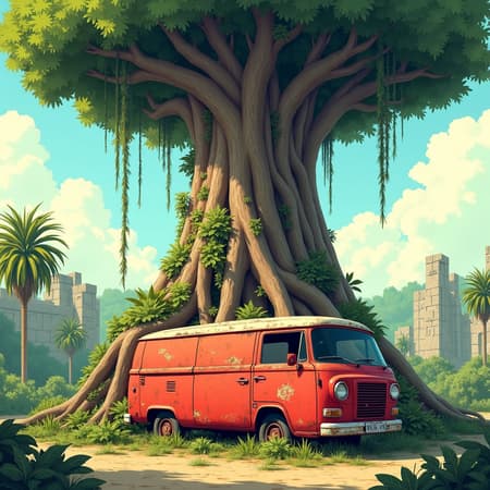 Illustrated cinematic concept art with clean linework, painterly shading, and vibrant yet weathered color tones. An abandoned red vintage van rests beneath a colossal tropical tree whose massive trunk and exposed roots dominate the composition. Thick roots cascade downward and wrap around the vehicle, partially engulfing its body, suggesting decades of stillness and slow natural takeover. The van’s paint is chipped and sun-faded, with rust patches and grime visible along edges and panels. Dense green foliage grows around the wheels and beneath the chassis. Above, the tree canopy spreads horizontally like a natural roof, heavy with leaves and hanging vines that drape toward the ground. In the background, crumbling stone ruins rise from the vegetation, their surfaces cracked and softened by moss and age. Palm trees and tropical plants fill the midground, adding depth and layered greenery. The sky is bright and calm, painted in soft blues and warm creams with gentle clouds. Light is warm and directional, casting soft shadows and highlighting textures of bark, metal, and stone. The camera framing is frontal and slightly low, emphasizing the scale of the tree over the vehicle. The mood is serene, nostalgic, and quietly post-human, focusing on nature reclaiming forgotten machinery.