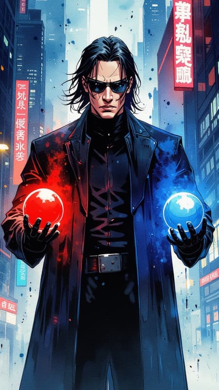 Watercolor painting, a full-body cyberpunk NEO Matrix warrior, a young man resembling Keanu Reeves as NEO from The Matrix, with sleek dark hair and futuristic full black glasses, looking directly at the viewer. He is holding one large red pill in his left hand and one large blue pill in his right hand, both glowing faintly with an ethereal light, symbolizing the iconic choice. His futuristic translucent outfit subtly accentuates his figure, adding a sleek and modern touch to his appearance. The background is a neon-lit cyberpunk cityscape with cascading digital rain (Matrix code), merging with surreal watercolor textures. The atmosphere exudes mystery, intensity, and the iconic futuristic vibe of The Matrix world