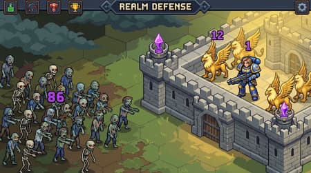 Isometric pixel art top-down view of a fantasy strategy game battle. A medieval castle and walls on the right, defended by a female soldier in power armor with a rifle and several golden griffins. On the left, a large horde of diverse zombies and skeletons advancing on a hexagonal grid battlefield. Dark and ominous mood on the left, brighter and more hopeful on the right. Muted greens and browns for the ground, grey stone for the castle, vibrant gold for the griffins, and decaying colors for the undead. Each unit type has a purple number indicating quantity. A futuristic turret is on the castle wall.