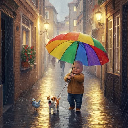 Sketch, vibrant colored pencil line art, stunning curves and delicate brush techniques, captivating and artistic, adorable chubby baby holding a colorful umbrella, joyfully walking a playful puppy, gentle rain falling in a quaint city alley, emotional birds harmonizing in delightful line drawing style, exquisite composition with intricate detail and vivid rendering, gaining popularity on ArtStation, 8k fine art photography quality, realistic conceptual vision, perfect lighting with natural volumetric cinematography, soft interplay of light and shadows, reminiscent of award-winning photography, masterpiece blend of oil on canvas, inspired by the styles of Raphael, Caravaggio, Greg Rutkowski, Beeple, Beksinski, and H.R. Giger.