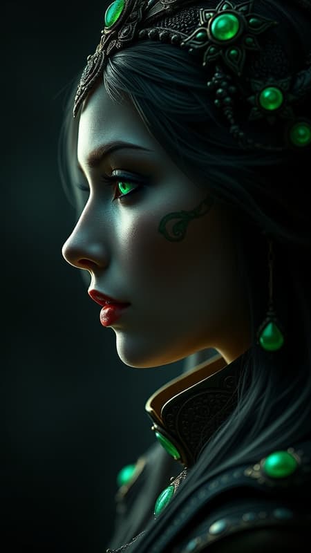 A side profile of an intricately detailed game character, the Eternal Goddess, with mesmerizing emerald green eyes. The image captures a dimly lit, ultra-realistic ambiance, showcasing hyper-detailed features. Imagined through the lens of photography masters Irving Penn and Annie Leibovitz, with expert retouching inspired by Pratik Naik. The portrayal maintains a fine balance of artistic elegance and mythical allure, ensuring the divine essence is both captivating and otherworldly, set against a subtly dramatic background that enhances the character's ethereal presence.