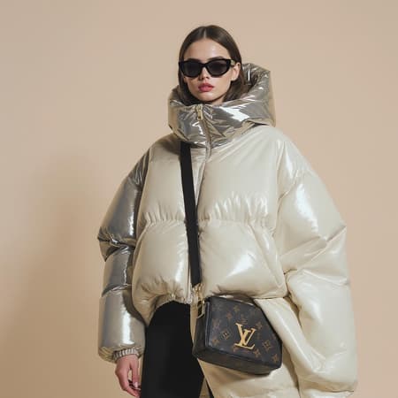 The woman in the image poses against a soft beige background, embodying the essence of a Tumblr influencer. Her look is a striking combination of a reflective puffer jacket layered over a chic poncho, both in a sleek, off-white palette. This fashion-forward ensemble is a nod to a popular internet meme or trend and is the current highlight on the design-centric website Dezeen. The photograph seems to be from a fashion catalog, previewing the avant-garde trends of 2024. She accessorizes with a mac, stylish 8.0 LV sunglasses, and an intricately folded piece by designers Mike and Wojtek Fus. The overall outfit captures the forefront of this year's fashion, sure to capture attention and admiration.