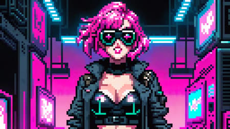 (swat man), (pixel art), detailed, torso, gloves, mask, goggles, action pose, trench coat, pink, surreal, strange, (full body sexy gamer girl with pink hair photo), vaporwave neon theme, woman, portrait, smile, laugh, open mouth, (upper body, bust shot, looking away:1.1), neon hair