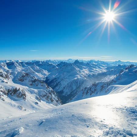 Mountains, Cloaked Blanket Art The distant mountains, cloaked in a thick blanket of snow, rise majestically under the vast azure sky. Sunlight dances across the snow's surface, creating a stunning and almost blinding brilliance.