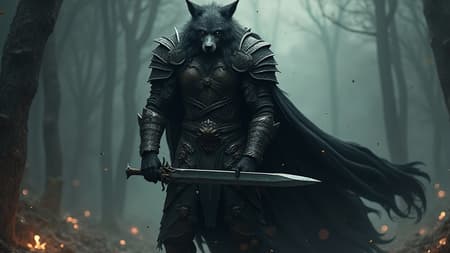 Full body portrayal of Blaidd the werewolf from Elden Ring, showcasing a powerful werewolf with a massive sword, clad in dark, intricately detailed armor, set in a dark fantasy ambiance. The scene has realistic, cinematic lighting focusing on Blaidd as a solo male figure in digital art style, emphasizing hyper-detailed anatomy and a well-defined snout. The artwork maintains a perfect anatomy, while adding a subtle texture for an aged, rustic feel. Be mindful to avoid any low-quality attributes like bad anatomy, malformed hands, jpeg artifacts, or unwanted elements like signatures, watermarks, or distracting text.