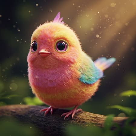 A vibrant and endearing fantasy bird with an expression of pure innocence and playful curiosity, captured in ultra high detail. Its feathers shimmer with a kaleidoscope of bright, lively colors, reflecting the soft fairy lighting that bathes the scene. Photorealistic textures bring the tiny creature to life, highlighting intricate details such as its delicate, downy feathers and sparkling eyes. Volumetric rays of gentle light filter through the scene, creating a magical aura. An atmosphere of warmth and wonder envelops the bird, enhanced by hdr effects that accentuate every subtle shade and shadow. This enchanting portrait captures the spirit of whimsy and charm in the heart of a fantastical woodland setting.
