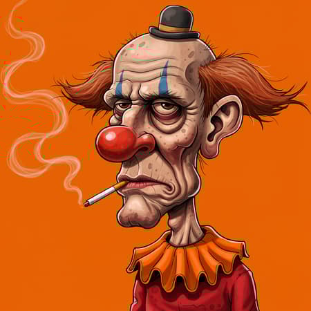 Caricature Clown Character Artwork A humorous caricature of a bedraggled clown character who appears to be 45 years old, featuring an exaggerated, elongated face with a prominent, bulbous nose and sunken, droopy eyes. He has a lanky physique and a prominent chin, all contributing to his disgruntled and grumpy expression. This disheveled character is sporting a wrinkled, slightly oversized orange collar paired with a shabby red shirt, adding to his unkempt look. A lit cigarette casually dangles from his mouth as he adopts a slouched posture against a vibrant orange backdrop, accented by swirling wisps of smoke, adding an air of quirky, comedic chaos to the scene.