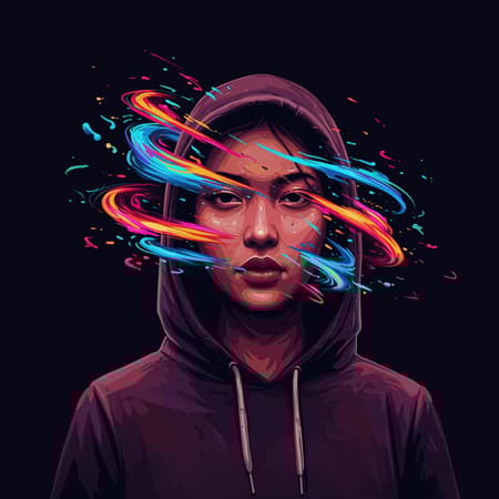Digital art close-up portrait of a female figure in digital flat colors, facing straight on with a focus on the upper body and face. She wears a dark color hoodie, surrounded by an abstract whirl of neon-colored streaks flowing from her head. The design is simplistic, set against a plain, dark background that enhances her visibility. Brightly colored with contrasting shadows to highlight the colorful streaks, her facial features are minimal to emphasize the abstract elements. The composition uses sharp contrast to distinctly separate the subject from the background, with a hint of futuristic ambiance. The artwork draws inspiration from a dreamlike, ethereal vision, where the vibrant energy emanating from the figure creates an aura of mystery and allure.