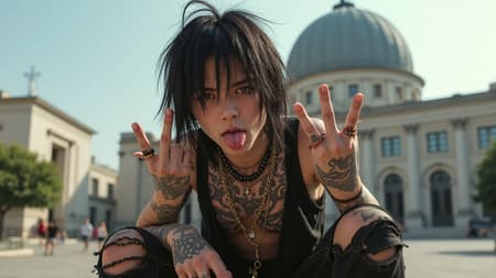 A rebellious street punk with an emo fashion sense strikes a defiant pose, sporting a bob haircut and a cheeky expression as he sticks his tongue out. His eyes meet the viewer's with a challenging glare, while he casually squats, flipping the middle finger. His attire is a collage of torn and distressed clothing, adorned with edgy piercings and an array of bold tattoos. Around his neck and wrists, mismatched jewelry catches the light. Behind him looms a grand observatory, its intricate architecture a stunning backdrop in absurdly high detail, merging the gritty with the grandiose in a visual feast of contrasts.