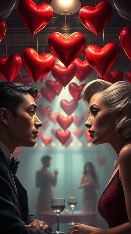 Valentine's Day celebration in a 1920s jazz club with heart balloons adorning the ceiling, captured in digital art style with a background blur and an intense spotlight. The scene features symmetrical faces reminiscent of James Dean, Audrey Hepburn, Humphrey Bogart, and Marilyn Monroe, portrayed in a majestic painting style. This highly detailed art piece is inspired by the works of Ed Binkley, Atey Ghailan, Studio Ghibli, Jeremy Mann, Gregory Manchess, and Antonio Moro. Trending on ArtStation and CGSociety, the painting exudes a dramatic and photorealistic quality with intricate detail, sharp focus, and volumetric lighting, embodying a sense of elegance and sophistication as seen through the lens of artists like Midjourney and Greg Rutkowski. Valentine's Day celebration in a 1920s jazz club with heart balloons adorning the ceiling, captured in digital art style with a background blur and an intense spotlight. The scene features symmetrical faces reminiscent of James Dean, Audrey Hepburn, Humphrey Bogart, and Marilyn Monroe, portrayed in a majestic painting style. This highly detailed art piece is inspired by the works of Ed Binkley, Atey Ghailan, Studio Ghibli, Jeremy Mann, Gregory Manchess, and Antonio Moro. Trending on ArtStation and CGSociety, the painting exudes a dramatic and photorealistic quality with intricate detail, sharp focus, and volumetric lighting, embodying a sense of elegance and sophistication as seen through the lens of artists like Midjourney and Greg Rutkowski.