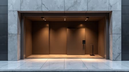 Cinematic minimalistic retail shop facade design captured with a Canon EOS 5D features a monochromatic color scheme on facade walls, highlighted by bold geometric shapes and sleek lines for a modern yet timeless aesthetic.