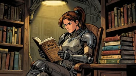 Ink illustration, comic book style, of a female character with brown hair tied in a high ponytail, wearing futuristic armor, sitting in a wooden chair and intensely reading "War and Peace." She has a furrowed brow and a determined expression. The setting is a dimly lit, sci-fi library or archive with tall bookshelves filled with books on either side. A stack of classic literature books, including "Moby Dick," "Lord of the Rings," "Les Misérables," and "Ulysses," is piled on the table to her right. The lighting is warm and ambient, emanating from overhead strip lights and creating a cozy, studious mood. The color palette consists of muted browns, grays, and blues with warm yellow accents from the lights. Strong outlines and cross-hatching textures define the art style.