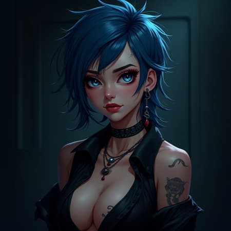 Blue Disheveled Hair Art A woman with striking blue disheveled hair and numerous piercings stands against a dark, industrial background. Her sharp, striking blue eyes are set against smooth, intricately detailed facial features, highlighted by dark makeup and an elegant posture. She wears a black choker, leather shirt, and rock-inspired clothing that reveal a tattoo on her upper arm and a glimpse of her navel. Her earrings and jewelry catch a subtle glow, adding an element of beauty to her edgy appearance. The atmosphere is moody, with cinematic lighting casting intricate shadows and highlights across her face. Her realistic eye texture presents a captivating sparkle, while her expression suggests depth and intensity. The overall aesthetic is both detailed and high-res, merging realistic and cartoon styles seamlessly in this character portrait inspired by Charlie Bowater.