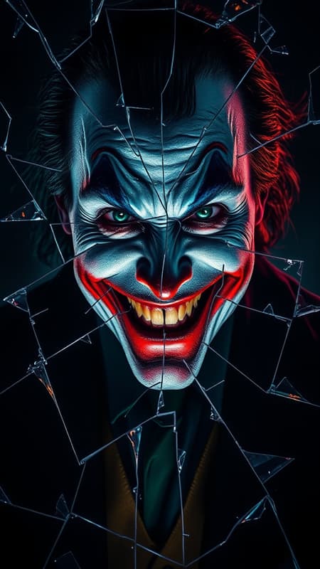 The Joker stands before a shattered mirror, jagged shards reflecting fragments of his chaotic visage, set in the ominous atmosphere of Gotham's underworld. In the style of Christopher Nolan, the scene is enveloped in a shadowy ambiance, where darkness and horror intertwine. Dramatic lighting casts eerie shadows across his scarred face, revealing highly detailed textures and hidden nuances. Each colorful fragment of the broken glass captures a different emotion, creating a tapestry of colorful realism. The hyper-realistic portrait showcases the Joker's maniacal grin with meticulous attention to detail, rendering an unsettling yet mesmerizing wallpaper-worthy image. The vibrant hues contrast sharply with the oppressive darkness, capturing the essence of madness in stunning UHD 8K resolution.