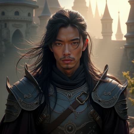 Medieval fantasy portrait of an armored, strikingly handsome Asian warrior standing against the backdrop of a grand fantasy castle bathed in bright morning light from the side. His long, flowing hair is a captivating blend of midnight black and shimmering silver. His eyes glow with an electric intensity, hinting at a wildly unpredictable nature. The warrior's expression carries a sharp, dangerous charm, capturing a subtle blend of charisma and calculated madness.