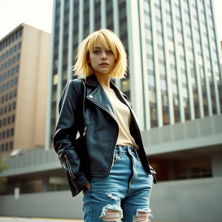 Urban scene capturing a grunge-inspired woman in 1990s Manhattan, standing against the sleek backdrop of a silver high-rise building. She has a striking blonde bob reminiscent of 90s style icons. Her attire echoes the edgy yet laid-back vibe of the era, with distressed denim and a vintage leather jacket. Evoking the essence of Carly Norris from the film Sliver, the natural lighting highlights her distinctive features. The image is shot with Agfa Vista 200 film, capturing the vibrant yet gritty atmosphere, characterized by rich tones and a raw urban aesthetic.