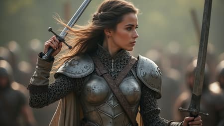 Generated Elf Warrior Elf warrior woman in intricately designed chainmail armor wielding a finely crafted sword. She stands confidently on the battlefield, exhibiting strength and determination. Captured with a street photography style at a low angle, the natural lighting highlights her commanding presence. Her fierce gaze and poised stance reflect her prowess. The scene is devoid of any distortions, with perfect anatomy and elegant hands.