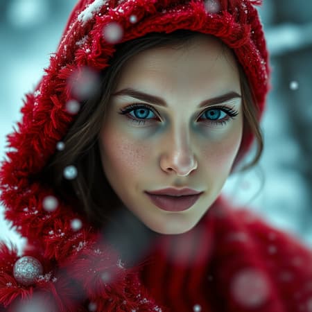 Winter scene with a vibrant red dress, a portrait capturing the subject gazing directly at the viewer. The image is a photo-realistic, highly detailed 8k full-length shot, with an emphasis on detailed skin texture. The use of soft, diffused lighting creates a cinematic effect, complemented by a shallow depth of field and sharp focus to enhance realism. Expect hyperrealism in the portrayal, despite the potential inclusion of photographic imperfections such as jpeg artifacts and occasional deformations. The challenge lies in circumventing anomalies like distorted anatomy or duplication, ensuring authenticity and natural proportions throughout.