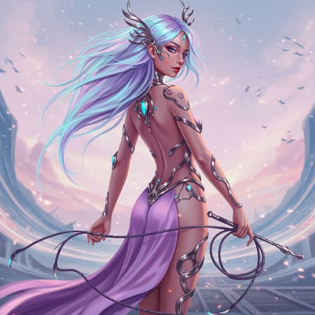 Digital illustration of an enchanting neofuturistic woman with flowing, iridescent hair, depicted in a full-body view. Captured in a wide-angle shot, her back is adorned with intricate tattoos, and her expression is reflective and contemplative. She elegantly holds a sleek whip, drawing inspiration from Julia Razumova and Ilya Kuvshinov. Posed dynamically, the scene is infused with soft pastel hues, augmented by captivating light flares that enhance the futuristic ambiance. Rendered with a remarkable level of realism, the composition showcases a high-resolution, super-detailed masterpiece, set against a visionary, advanced landscape.