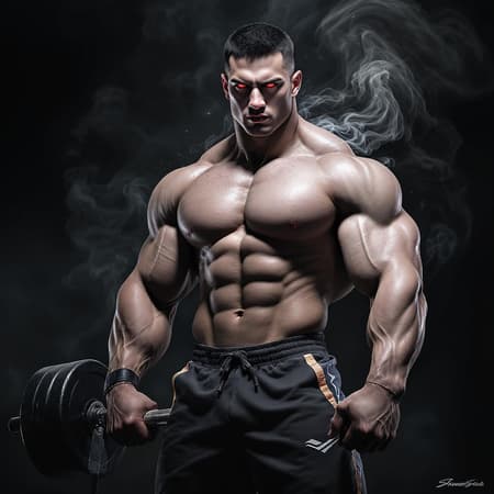 A towering figure standing at 187 cm, exuding strength with a sculpted, muscular physique, his short jet-black hair perfectly complements his strikingly clear and handsome features. His intense red eyes captivate with a gaze that hints at mystery and allure. In his grip, gym equipment becomes an extension of his power, showcased in stunning 8K picture quality. The scene is bathed in cinematic lighting, imbuing it with a dramatic and powerful visual presence, while subtly surreal elements add a touch of dreamlike wonder to the composition.