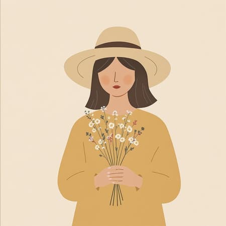 A minimalist flat illustration of a girl in a wide-brimmed hat, gently clutching a bouquet of wildflowers, characterized by warm tones and clean lines. The design emphasizes simple geometric shapes and a utilitarian aesthetic, inspired by Danish design principles.