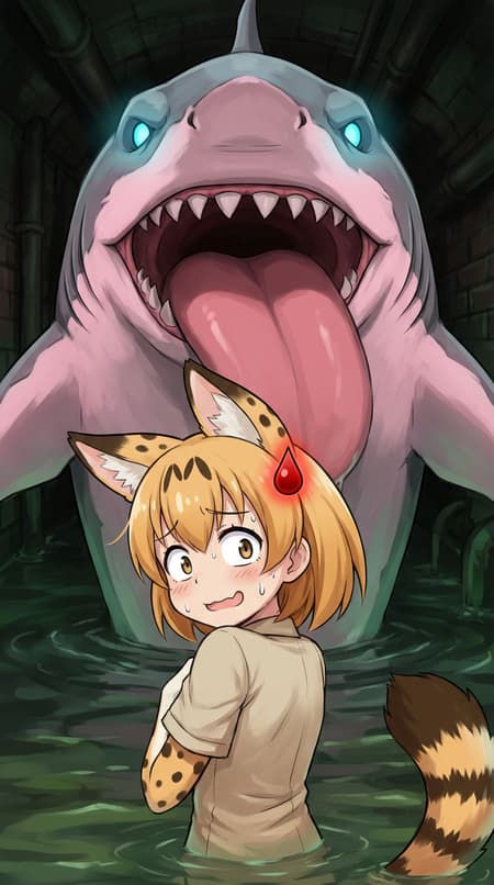 Create a 3:4 image in an anime style. It shows a close-up of Serval from the anime Kemono Friends. Serval's entire torso is visible except for her lower legs. She is turned toward the viewer and nervously looking around. Serval has a silly expression, a mixture of amusement, surprise, and fear. Behind her is the huge shark monster from image 1. The monster is enormous and takes up almost all the remaining space in the scene. The monster is standing in water. The background is a sewer, focusing on the monster rather than the surroundings. Add a small icon with a status effect like in video games to one of Serval's ears. The status effect looks like a red drop. Use image 2 for this effect.