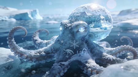 Icy Octopus With Frozen Arctic Landscape An octopus in the Arctic ocean, with a beautiful frozen ocean etched into its face. The octopus's skin should be composed of intricately detailed, frozen underwater landscapes, with realistic textures and colors that suggest a cold, icy atmosphere. The frozen ocean should be rendered in exquisite detail, with accurate depictions of icebergs, glaciers, and frozen sea creatures. The octopus's eyes should be bright and shining, like ice crystals in the sunlight, with a calm and gentle glint that suggests it's observing the world around it. The frozen underwater landscape should be seamlessly integrated into the octopus's skin, creating a sense of unity and harmony between the animal and its environment. The overall effect should be one of breathtaking beauty and wonder, as if the octopus is a living, breathing embodiment of the Arctic ocean itself. Intense bokeh effects, stunning visuals, high-quality