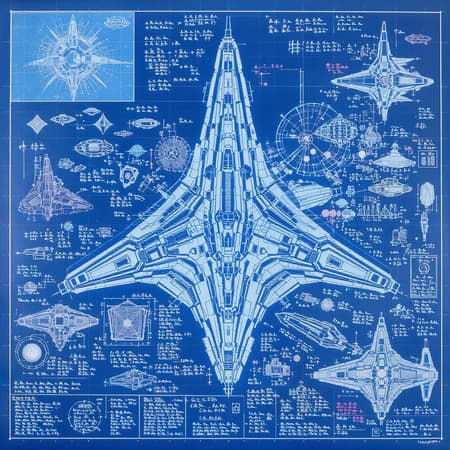 Blueprint Sketch Futuristic Art A detailed blueprint sketch of a colossal futuristic sci-fi spacecraft, showcasing intricate warp engines alongside complex formulas and detailed annotations. The design is sectioned schematically, subtly integrating the golden ratio to achieve harmonious aesthetics. Elements reveal intentionally misleading details, capturing the imagination of enthusiasts. The visual style blends the soulful narratives of Makoto Shinkai with Studio Ghibli's whimsical storytelling, the vibrant artistry of Genshin Impact, the dynamic and textured influence of James Gilleard’s illustrations, the rich, textured layers of Greg Rutkowski's paintings, and the surreal charm of Chiho Aoshima's dreamscapes. The work employs a vibrant acrylic palette knife technique, delivering a captivating balance of precision and artistic flair.