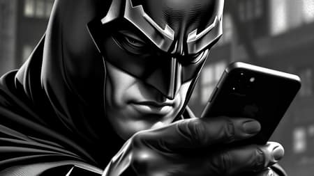 Batman gripping a smartphone, captured in a dramatic black and white portrait style, showcasing realistic hyper-detail. The image exudes a close-up intensity reminiscent of Rob Liefeld’s dynamic compositions and the nuanced textures found in George Stefanescu’s work, while incorporating Nathan Wirth’s mastery of contrast. The superhero’s features are defined with meticulous precision, emphasizing the focused expression in his eyes and the sharp angles of his cowl, set against a blurred background that enhances the central figure’s prominence.