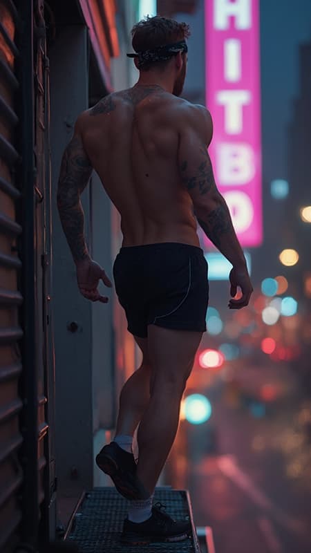 I had a dream... 
There's this really hot guy that likes to go jogging at night. He's young and masculine, and usually wears a pair of very short running shorts, black mesh and translucent with a 3 inch inseam. He's very fit and he always goes shirtless. When he gets back from his run, he goes to the fire escape by his apartment and just stands out there, the neon signs in the city reflecting off his sweaty body, the air cooling him off. A couple times he caught me looking at him-- he says nothing, but smiles back and stretches so that I can see more of him: the Sweat running down his face and chest, the dampness of his armpits, the strength of his long sinewy legs, the bulge in his groin, his bright blue eyes looking back at me. I know that one night soon I'm going to join him on that fire escape and examine him more closely... 
{{{ Caucasian masculine male, light brown hair wavy fade hairstyle, short on sides and back, longer on top. Black bandana tied around his forehead, strong brow and jaw, sparkly blue eyes. Muscular sinewy body, wide back, broad chest, wide shoulders, narrow waist, runners build, strong powerful legs. Sheer black mesh running shorts, very brief. Black running shoes, short white socks. Sweaty body, neon lights reflecting off his skin. Slightly hairy legs and arms, a little hair on his chest. Full body pose, stretching and flexing on fire escape.}}}  {{{MASTERPIECE}}} 