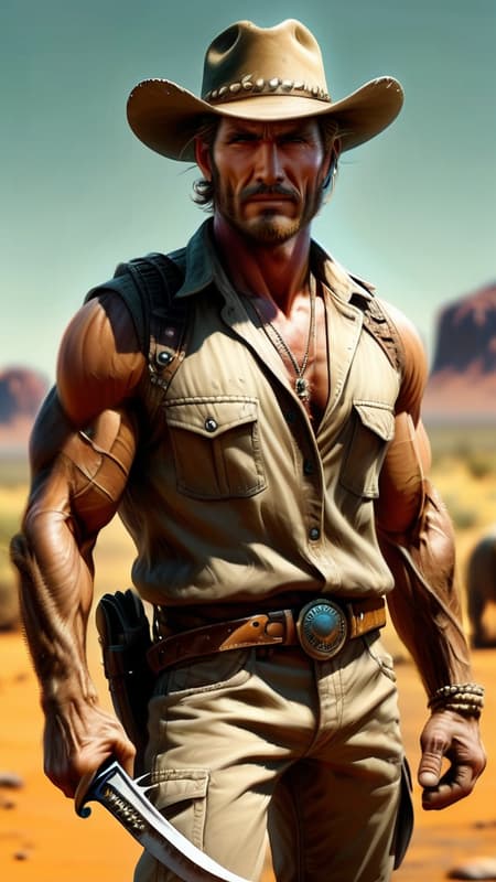 Protector of the Outback, Australian hunter, hypermasculine male. Tall, athletic, strong, muscular, sinewy, well defined manly man. Caucasian male with clear Teal eyes, strong brow and squared jaw, blonde goatee on his face, usually a surly smile. Medium length sandy-blonde hair that he wears combed back, usually underneath a Crocodile Dundee type of hat. The hat is an Outback Sidewinder, dark tan with crocodile teeth around the band. He also wears a sleeveless tan camouflage fatigue jacket, unbuttoned and exposing his chest. His chest and abs are well defined. Gold chain with spear shaped pendant and bolo tie around his neck. Tan khaki cargo pants cover his strong, powerful legs and obvious crotch bulge. Dark brown alligator cowboy boots on his feet. He carries a machete when travelling through the Outback. Full body pose. Travelling through the Outback. Tan khaki cargo pants. [[masterpiece]] 