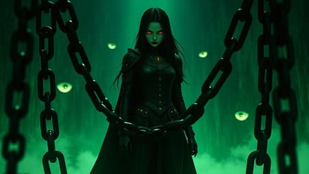 A 90s dark fantasy anime ova style screenshot features a striking young woman with a well-defined figure, dressed as a knight in intricate dark armor and leather. She is ensnared by vivid, acidic green chains that extend from the edges of the frame, suspending her at the center of a desolate and apocalyptic black cosmos. In the haunting background, eerie luminous eyes gaze upon her, adding a layer of suspense and mystery. The grainy texture characteristic of classic anime from the era, reminiscent of Cowboy Bebop and Evangelion, enhances the dramatic and intense atmosphere, while the intricate armor design echoes the detailed artistry seen in Berserk. Subtle creative tweaks give the scene a unique flair, maintaining its eerie yet captivating essence.