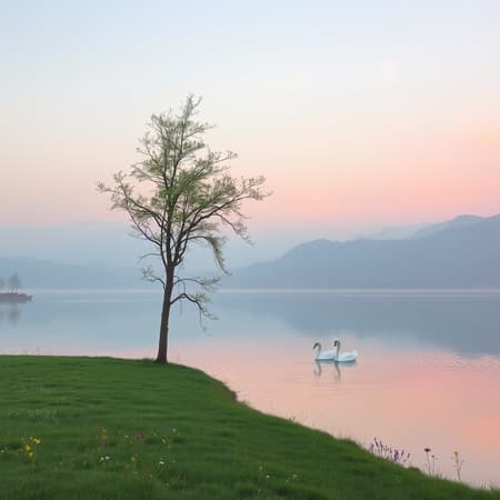 A serene landscape at dawn, featuring a calm lake reflecting a pastel-colored sky with hints of pink and orange as the sun rises. In the foreground, a lone tree stands gracefully by the water's edge, its branches slightly swaying in a gentle breeze. In the distance, rolling hills are shrouded in a light mist, adding a sense of depth and mystery to the scene. Scattered wildflowers add pops of color to the lush green grassy area surrounding the tree. A pair of swans glide gracefully across the lake's surface, creating gentle ripples that add texture and life to the tranquil setting.