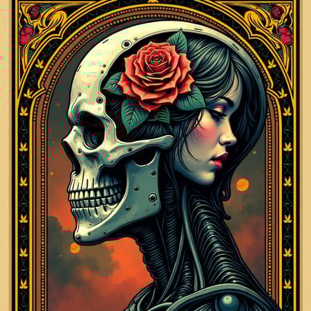 Side profile of a male cyborg with a futuristic, cyberpunk body, featuring a detailed, intricately designed tarot card frame. The cyborg skull is adorned with Art Nouveau-inspired embellishments, showcasing vibrant and high-definition digital art. A female character styled in a synthwave aesthetic is seamlessly integrated into the composition, creating a dynamic contrast with the male figure. The artwork is conceptually rich and insanely detailed, blending the traditional elegance of Art Nouveau with a modern, cyberpunk twist for a visually striking piece.