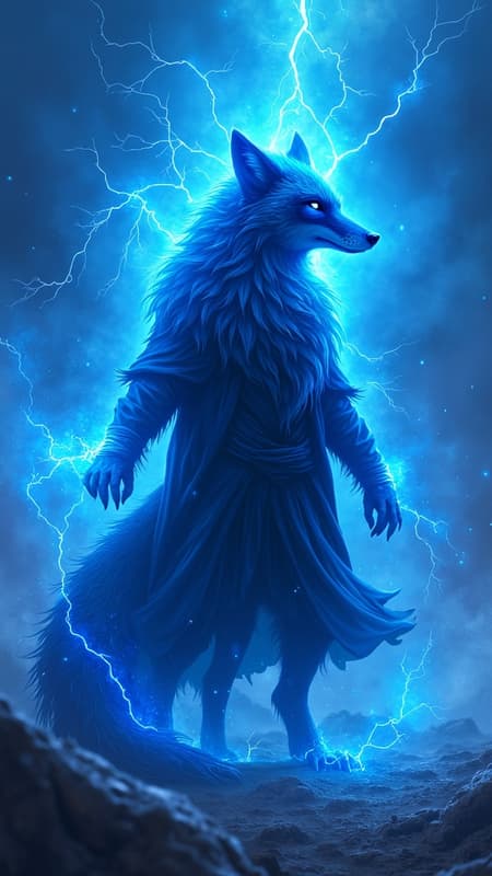 Majestic dark fox emanating intense dark blue flames of mystical energy, an anime-style sorcerer humanoid prince of shadows reigning supreme on a battlefield. Surrounded by a backdrop of vibrant blue infernal flames and electric sparks, he stands amidst an apocalyptic scene, rich in color and intricacy. This elegant digital illustration captures the dramatic, hyper-detailed chaos of a thunderstorm, rendered in stunning 8K resolution.