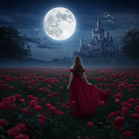 A woman in a flowing crimson dress stands elegantly in a field of vibrant roses under a luminous full moon. In the distance, a majestic castle rises against the starry night sky. The scene is rendered in a detailed and enchanting fantasy art style similar to the works of Charlie Bowater and Stanley Artgerm Lau. Graceful sea birds soar through the air, adding movement to the tranquil night. The composition is immersive, capturing the magic and allure of the setting without any digital blemishes or distortions.