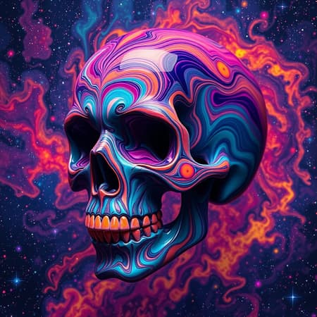 Psychedelic skull made of swirling ferrofluid, vividly reminiscent of Dia de Muertos, set against a cosmic background filled with colorful nebulae, as if viewed through an LSD-enhanced lens.