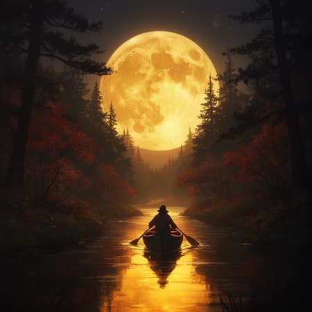 Paddler Under Giant Golden Moonlit Forest A person paddling a canoe on a narrow river through a dense forest at night, with a giant, detailed full moon dominating the sky. Digital art, painterly style, with a strong sense of depth. The lighting is dramatic and moody, with the moon casting a bright, golden-yellow glow that reflects intensely on the water's surface. Dark silhouettes of pine trees and deciduous trees frame the scene, creating a tunnel effect. The color palette is dominated by deep oranges, yellows, and dark greens, with touches of red and brown. The atmosphere is serene and mystical. High detail, sharp focus.