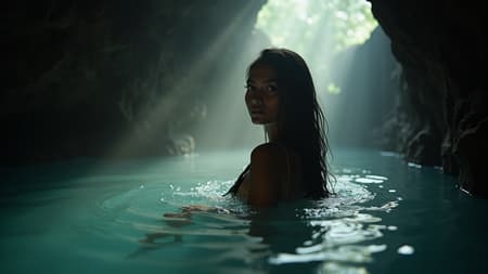Within the depths of a shadowy cave, a serene hot spring exudes an otherworldly tranquility. Steam drifts lazily above the warm, inviting waters, masking the air with a gentle haze. An Indian woman, her long black tresses glistening with moisture, glides effortlessly through the pool, her gaze meeting the onlooker with a deep, enigmatic intensity. The ethereal glow from a crack in the cave's surface allows a thread of sunlight to pierce the dimness, casting a delicate dance of light and shadow upon the water, crafting a striking silhouette of the woman in her aquatic sanctuary.