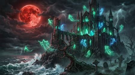 A spooky gothic castle perched on a rocky cliff overlooking a stormy sea under a massive, cracked blood-red moon. The castle is illuminated by eerie green and blue lights, with numerous translucent, glowing green and blue ghosts floating around and within its arches. Dark, heavy clouds and lightning streak across the sky. A gnarled, ancient tree clings to the cliffside in the foreground, and a haunted graveyard with old gravestones and crosses is visible in the bottom right, shrouded in mist. The sea is rough with white-capped waves. Art style: dark fantasy, gothic horror, digital painting, highly detailed. Moody, ominous lighting with high contrast. Dominant colors are deep reds, greens, blues, and dark grays. Intricate details on the castle and environment.