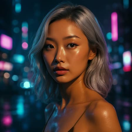 Futuristic cityscape, hyper-realistic visuals, dramatic cinematic lighting, highly intricate details, stunningly beautiful Asian woman, sun-kissed olive complexion, medium-length silver hair, vibrant neon skyline backdrop, mesmerizing depth with a touch of mystique.