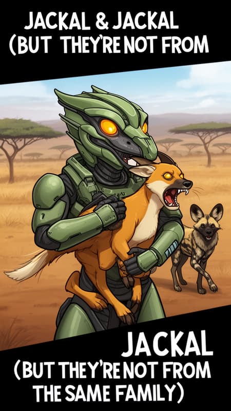 Create An Image Of A Create an image of a Kig-Yar without the shield from picture A carrying a Jackal from picture B in the Kenyan wilderness. The Kig-Yar has expressive amber eyes and is excited to show the viewer its prized possession, while the Jackal panics. An African Wild Dog is seen walking away from the scene, concerned. Add the effects from picture C, with black bars on top and bottom-right of the screen, and replace the text with "Jackal & Jackal (But They're Not From The Same Family)". keep the same font, keep the font size the same, and keep the text in one line. In cartoon style.