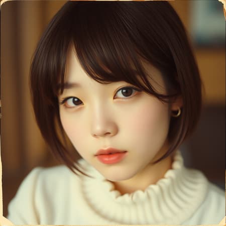 Young Japanese woman, age range early twenties, with rich brown hair, photo captured in a vintage Polaroid style, emphasizing a candid and natural look, featuring a subtle double eyelid, paired with a serene expression, aspects of the image are infused with a nostalgic and raw authenticity.