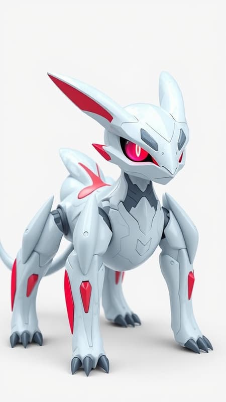 In a simple white background, a majestic 3D-stylized Pokémon stands proudly. It features glowing ruby-red eyes that contrast with its sleek, smooth body covered in textures reminiscent of luxurious marble and light blue granite. This quadrupedal creature exudes a sci-fi aura, with an advanced owtech design, giving it an elegant yet powerful appearance. The creature's form is perfectly proportioned, reflecting an ideal harmony in its anatomy, with each limb and feature flawlessly in place. The absence of any unnecessary adornments or distortions results in a striking and captivating portrayal that highlights the beauty of this unique being. Its presence is further enhanced by subtle chromatic aberration, adding a touch of futuristic elegance to the composition.