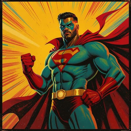 A powerful image of a man in a superhero costume, his fists clenched and arm extended in a confident stance, inspired by Chicano art with a vibrant palette of dark yellow and turquoise, red and bronze. The scene evokes the bold aesthetic of vintage posters, blended with elements of rangercore and the classic style of an Argus C3 camera. Influences from the expressive colors and dynamic forms of The Blue Rider art movement enhance the overall composition, capturing a sense of strength and cultural depth.