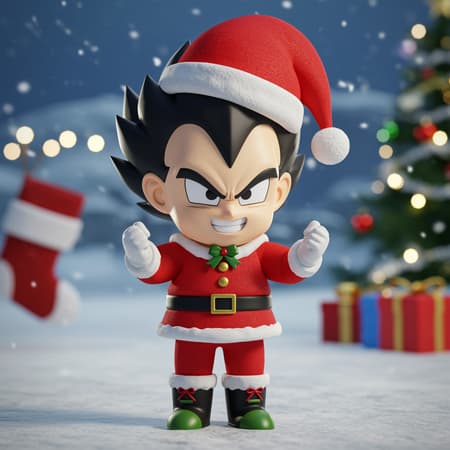 VEGETA in a festive Christmas outfit, chibi 3D style, featuring a playful twist with a tiny Santa hat, oversized boots, and a bright, cheerful expression.