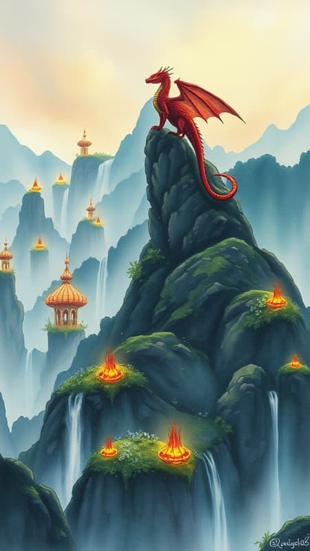 A resplendent Dragon poised atop a rugged mountain peak surveys an enchanted valley, where ethereal floating isles drift amidst cascading waterfalls. Bathed in the gentle radiance of glowing flora, the scene exudes a timeless aura of arcane mystery and awe. This watercolor painting on textured paper captures the enchanting allure of this mythical landscape, where the interplay of shadow and light evokes a sense of wonder and ancient secrets.