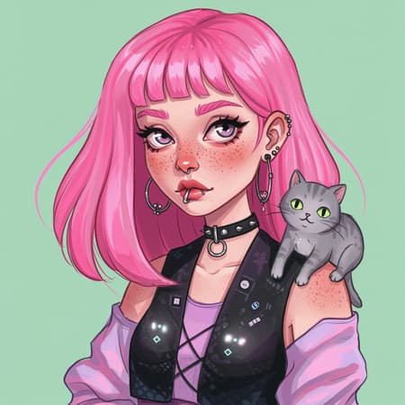 A whimsical illustration of a quirky girl with bright pink hair, sporting an abundance of freckles and an effortlessly cool demeanor. She has a playful cat perched on her shoulder, adding a touch of mischief to the scene. The style echoes the flat shading technique reminiscent of Gemma Correll's charming illustrations, infused with a cyberpunk vibe that contrasts beautifully with a pastel green backdrop. Her outfit hints at futuristic fashion, with subtle metallic accents and glowing details. Despite the cyberpunk setting, there's a softness to the piece, with pastel tones harmonizing with the girl's vibrant hair and the curious gaze of her feline companion.